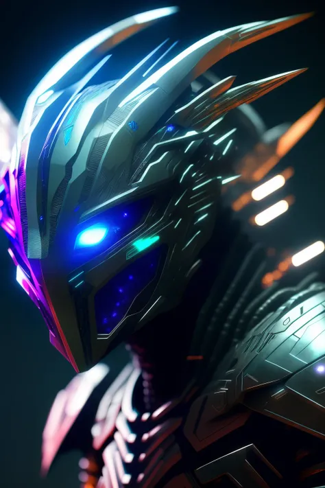 A predator alien with a LED eye helmet, imposing presence in the cinematic style of Cyberpunk 2050, sporting a gray textured body with blue color highlights. The aliens eyes gleam with a purple gradient background, adding an enigmatic and otherworldly aura...