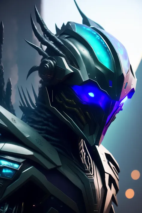 A predator alien with a LED eye helmet, embracing the cyberpunk 2050 style, adjusts its gaze towards the viewer. The gray texture of its weathered, muscular frame is accentuated by the blue color highlights that outline its sharp edges. A captivatingpurple...