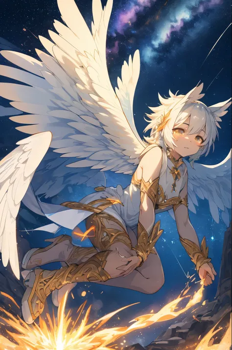 (masterpiece), (best quality:1.4), absurdres, [:intricate details:0.2], angel, angel wings, milky way, sky, shimmering aura, intense focus, crackling energy, mysterious symbols, sparkling motes,