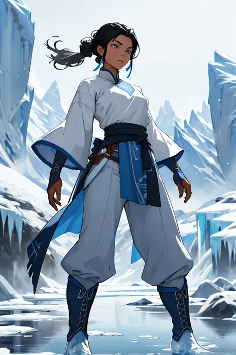 "meticulouslycraftedartwork_v10.0, ng_highquality_v2_99t, subject: a lone woman, a masterpiece set against an intricately detailed background. Striking a martial pose in an ice village, she exudes determination and power, her entire body in focus.

This wo...