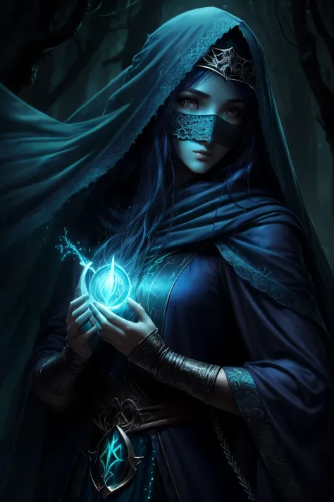 A sorcerer wearing a rags in a fantasy setting with long curly hair, the hair being a mix of blue and green colors. ((The sorcerer is wearing a mask veil)). The prompt should emphasize the fullbody shot of the female sorcerer, with a focus on her detailed ...