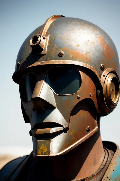 The face of the old tin robot, adorned with a cardboard box as a makeshift headgear, was captured in a 4k cinematic portrait. With a low angle shot, the details of its rusted features and weathered textures were brought to sharpness. The gray gradient back...