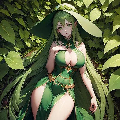 ((Female wood nymph)) ((green hair)) ((long hair)) (((green eyes))) ((ivy leaf)) ((leaf cover breast)) ((large breast)) ((green skirt covers private)) ((hourglass figure)) ((wide hips)) ((outside background)) ((red mushroom hat))