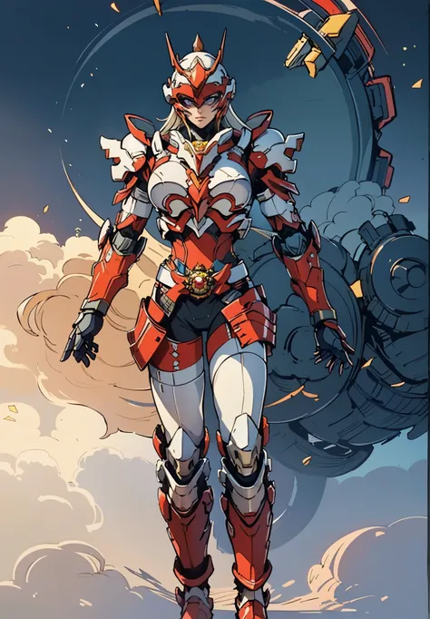 A woman adorned in fantasy-style full-body armor, a crown-concept fully enclosed helmet that unveils only her eyes, a composite layered chest plate, fully encompassing shoulder and hand guards, a lightweight waist armor, form-fitting shin guards, the overa...