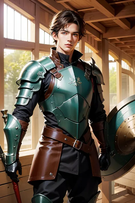 Adult Male Humanoid with slightly beastly features, green eyes and brown hair, wearing brown leather armor wielding wooden club and shield