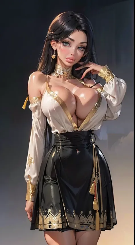 (((1girl:1.8))), ((exposed collarbone:1.5)) ((Bardot neck area:1.3)),  style, ((black, red and gold color palette:1.4)), anime style, (((thin eyes))) (((black mian skirt:1.4))) (((smoldering eyes))), ((chinese woman:1.5)), ((black hair:1.5)), 8k, 4k, Unrea...