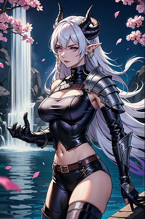 ((1 woman, solo)), extremely long fluffy hair, white hair, long messy bangs, purple lavender eyes, lilies and lotuses embroidery, mature, gorgeous, leather gloves, practical and badass mage outfit, ((large, long demon horns)), sharp fangs, pointed ears, el...