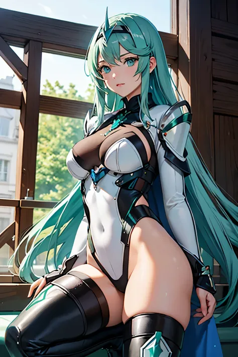 Anime, Girl, (((1girl))), (((Waifu, Xenoblade Chronicles 2, Pneuma Waifu))), Techwear, (((Seafoam Green Hair, Long Hair))), ((Seafoam Green Eyes eyes:1.3, Upturned Eyes: 1, Perfect Eyes, Beautiful Detailed Eyes, Gradient eyes: 1, Finely Detailed Beautiful ...