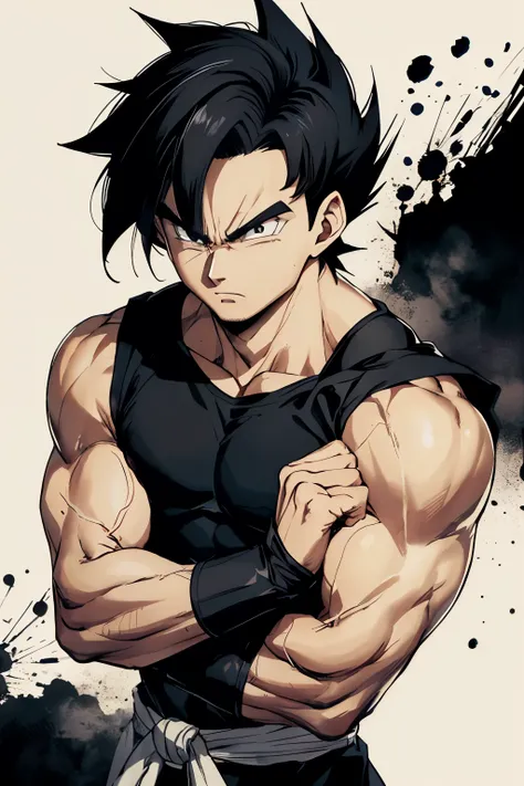 Man, black hair, black eyes, strong, Saiyajin Face.