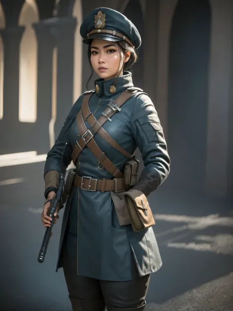 She is a soldier in the Ottoman empire in times of the world war two,
((Best quality)), ((masterpiece)), (highly detailed:1.3), Depth-of-field, Multi-layered textures, HDR (High Dynamic Range), Ray Tracing, NVIDIA RTX, Unreal 5, Subsurface scattering, PBR ...