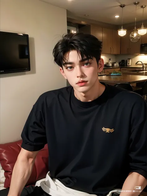 sharp man sitting on a sofa in a room with a kitchen in the background, Jinyoung Shin, Kim Doyoung, he is wearing a black t-shirt, Jinyoung Shin aesthetic, homem sul-coreano, cai xukun, pintar ulzzang, um homem bonito，cabelo curto preto, inspirado em Zhang...