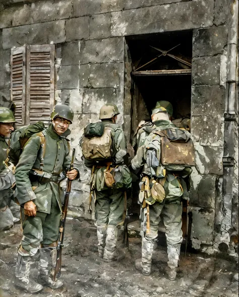 soldiers are standing outside of a building with their backs turned, colourized, colourised, ww1 film photo, troops searching th...