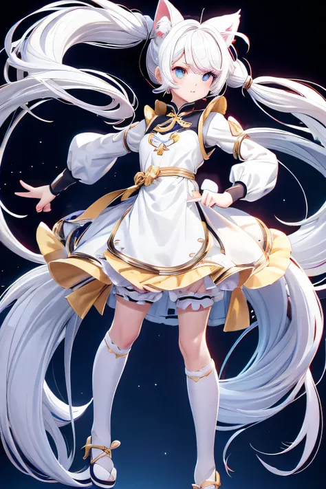 Cat-eared girl，White hair tied into twin tails，white cat ears， Around 8 years old，different students，The left eye is golden，The right eye is blue，Wearing a Chinese dress，full-body shot