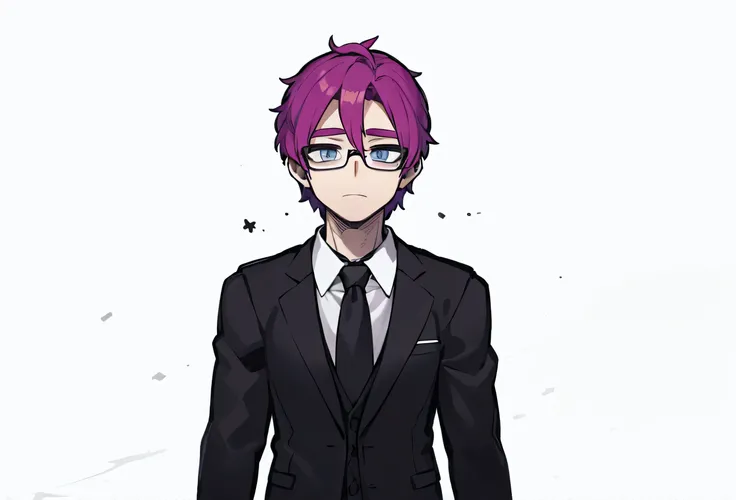 image of a man with purple hair, blue eyes and black glasses in a suit, Visual Novel Sprite, 2D SPRITE