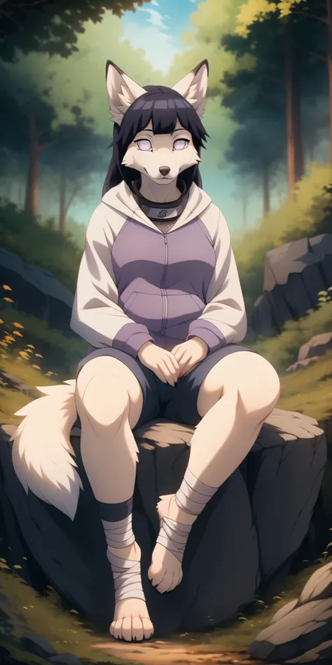 hinata, sitting, an anthropomorphic white fox girl, white fox ears, white fox tail, blue shorts, feet paws wrapped in bandages, ...