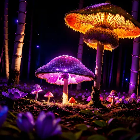 Fly agaric with violet illumination in a night forest with sparkles