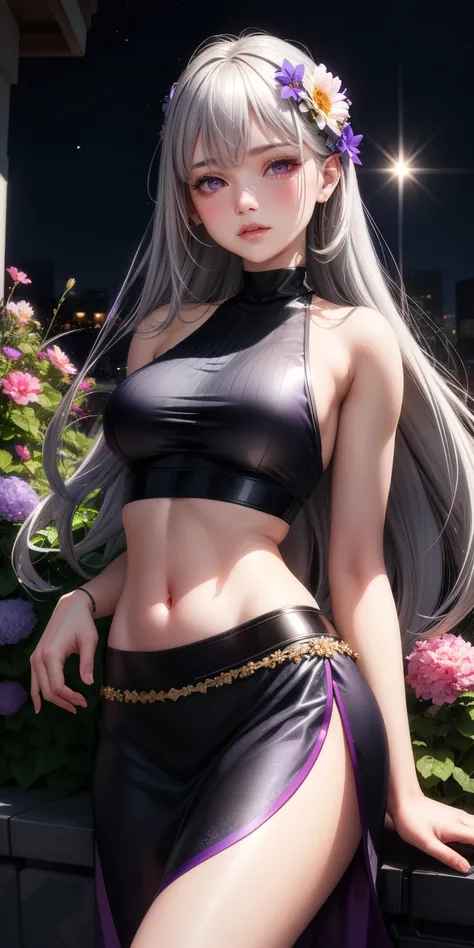 realistic, 1 girl, gray hair, purple eyes, shining eyes, crop top, skirt, parted lips, blush, night, flowers, sun, sunlight,