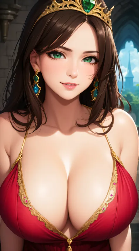 (masterpiece, best quality), intricate details, thin, beautiful girl, brown hair, bright green eyes, revealing red nightgown, cleavage, big breasts, messy hair, pretty lips, close up, smirk, colourful fantasy castle setting, sexy, jewelry, tiara,