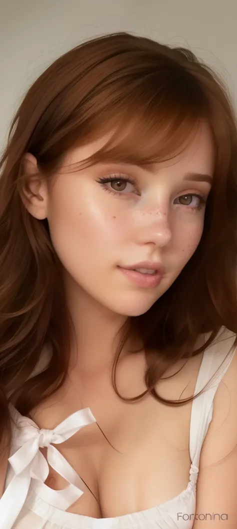 a close up of a woman with a white shirt and red hair, portrait sophie mudd, brown hair and large eyes, light freckles, photorea...