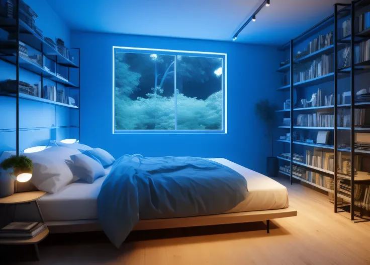 Generate a hyper realistic Indoor house wall. It has a floating shelf with books and modern decoration blue lights. It is lighted by dim blue lights and there is a RGB light coming out from the ground. Retro style. It also has a few artistic paintings hang...