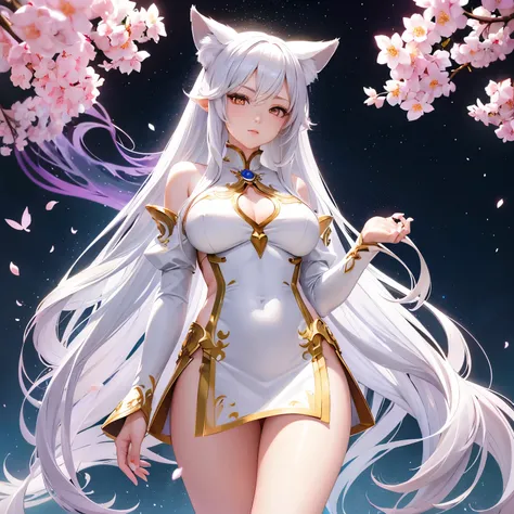 Anime woman, female, 1girl, white long smooth hair, fox ears, golden eyes, top, sleeves, short flowing skirt revealing, tight, very good features, flaunting assets, fullbody, clever, playful, cherry blossoms, ethereal galaxy, fantasia, (very detailed), clo...