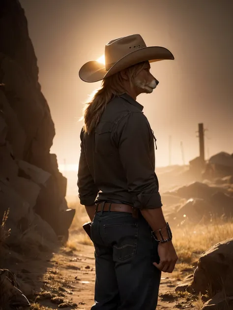 (coyote wearing a cowboy hat), [facing away], coyote head,anthro, Masterpiece, cinematic light, atmospheric lighting, subsurface scattering,