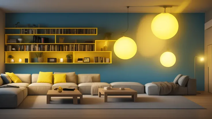 Generate a hyper realistic Indoor house wall. It has a floating shelf with books and modern decoration yellow lights. It is lighted by dim blue lights and there is a blue RGB light coming out from the ground. Retro style. It also has a few artistic paintin...