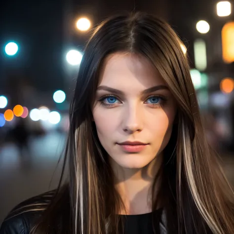 (Selfie, Draufsicht: 1,4), (half body straight: 1,4), RAW UHD portrait of a 24 year old brunette (ice blue eyed woman), die eine dunkle Gasse entlang geht, mittlerer Busen, In the city during the day, (Rock), (Ausschnitt ), Details (Stoff! , Haare! , Glitz...