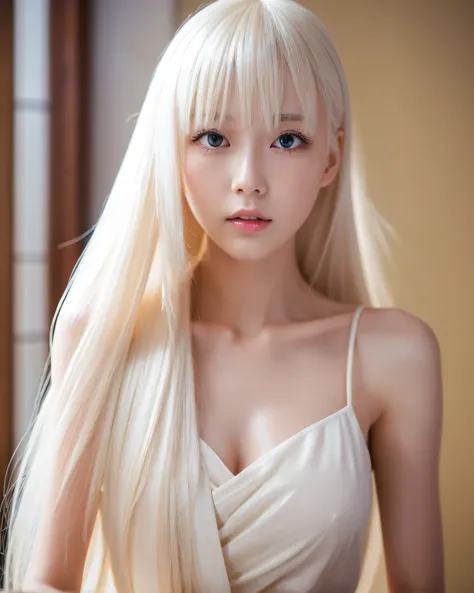 Beautiful Japanese girl platinum blonde thin hair　A complex, chaotic, detailed god　Super Long Straight Silk Hair　asymmetrical bangs、magical beautiful eyes　moist black eyes　hot spring　towel　Upper body　Detailed and perfect clavicle　high resolution soft breas...