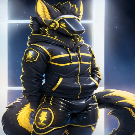 yellow and black fur, yellow leds on visor, black and white techwear cragoshorts, techwear hoodie, big yellow and black tail wol...