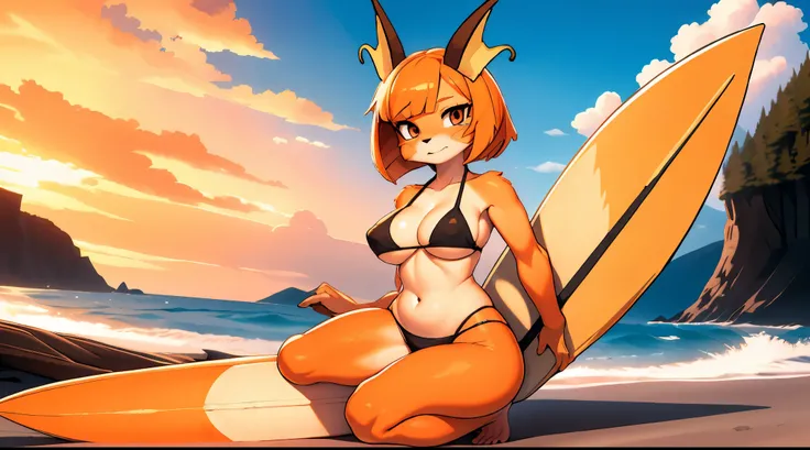 (masterpiece), best quality, expressive seductive eyes, perfect face, ((orange hair, bob cut,)) blunt bangs, ver large breasts, orange fur, furry, monster girl, pokemon, mature adult woman, surfing, waves, swimsuit, bikini, barefoot,
