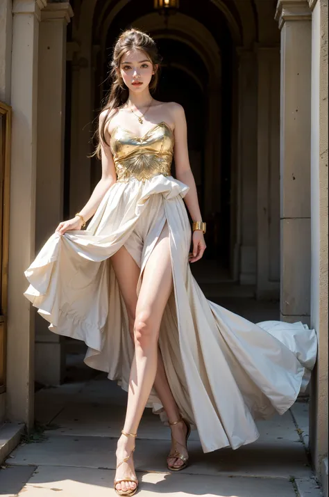 create an image of a realistic lifelike young women 20 years old from Ancient Greece from 3000 BC about to get married, dressed in a white peplum with gold accessories, with her hair in an updo with laurel leaves, put golden sandals on her feet, full body,...