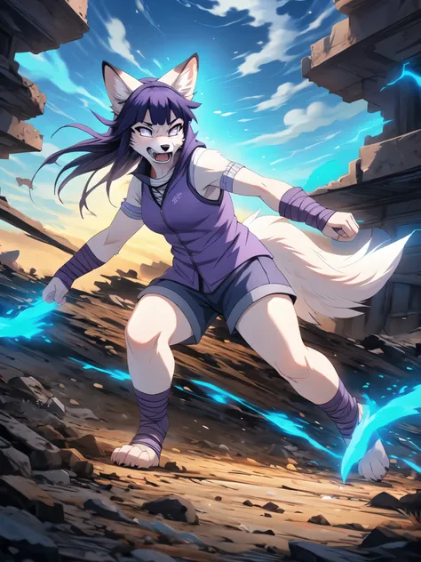 hinata,  an anthropomorphic white fox girl, white fox ears, white fox tail, long purple hair, straight bangs,  blue short shorts...