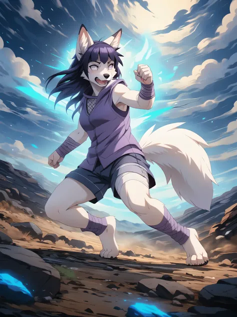 Hinata,  an anthropomorphic white fox girl, white fox ears, white fox tail, long purple hair, straight bangs,  blue short shorts, feet paws wrapped in bandages, 4 toes, feet covered in bandages, purple open ninja vest, fishnet shirt, running, fighting stan...