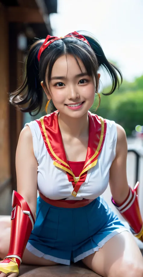 （8K、Raw photography、highest quality、masterpiece：1.2),(black hair、very short hair:1.7),(curly twintails:1.3)、show viewer,Looking at the front,(super sentai series、Red Ranger、Blue Ranger、Yellow Ranger、three beautiful warriors、She is wearing a colorful PreCur...