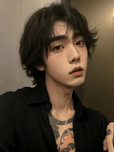 man with a tattoo on his arm taking a selfie, jinyoung shin, taejune kim, hyung tae, cute japanese demon boy, pintar ulzzang, ca...