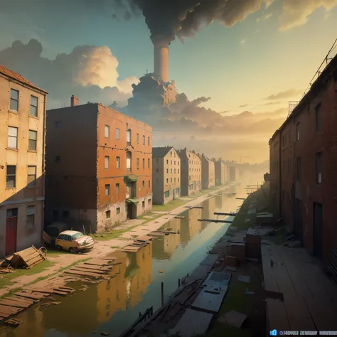 (masterpiece, best quality, ultra-detailed:1.1), An industrial slum in the early stages of the industrial revolution, brick and wood buildings, factories with smokestacks, run-down decaying abandoned buildings, dirty, rotten wooden planks, polluted canal, ...