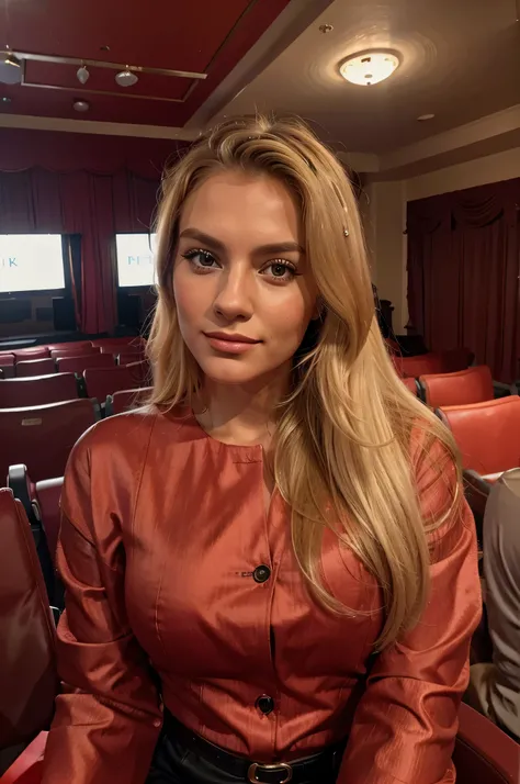 stylishly dressed blonde woman takes a selfie inside the theater, surrounded by red armchairs, theater environment, selfie, influencer, high quality