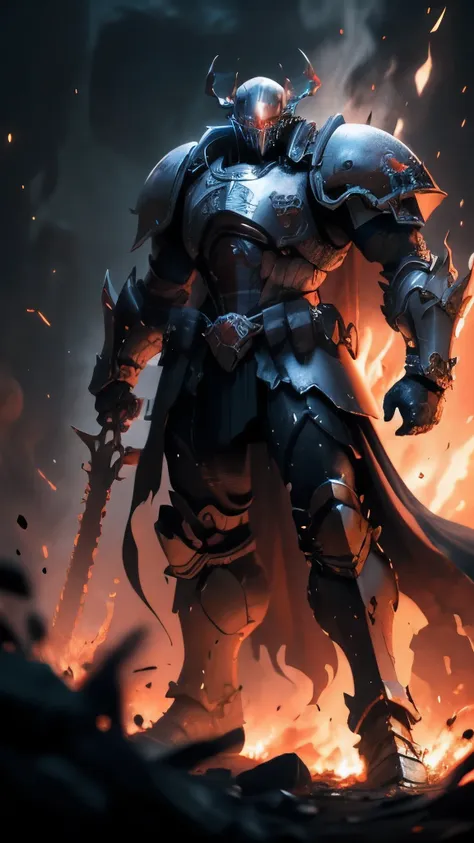 knight in full plated black deadric knight walking through lava, black light mixed with red,with black mist black greatsword wit...