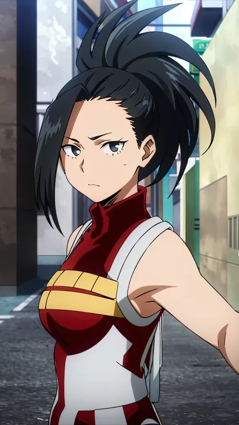 masterpiece, best quality, yaoyorozu momo, 1girl, closeup, black eyes, black hair,  ponytail, long hair, hair pulled back, , sol...