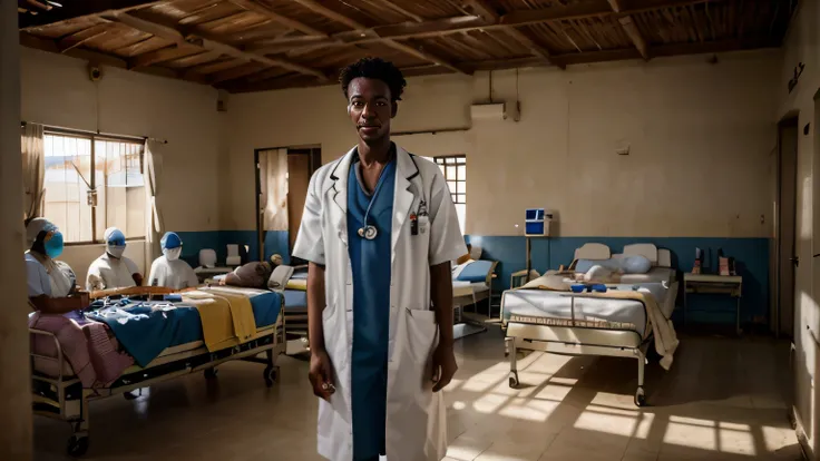 Craft a 4K hyper-realistic image of a doctor the inside a hospital ward with many patients in an african town