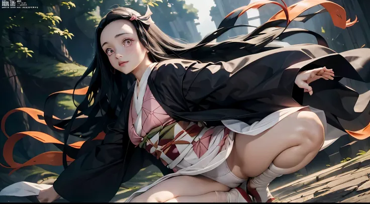 (*K) HD, highest quality, WorKs of masters, High resolution, spread legs、show white panties,1 girl, nezuKo Kamada, ((nezuKo of demon slayer)) super beautiful face, Super beautiful eyes, Super beautiful hair，trendy outfit，magazine cover，sexy and attractive，...