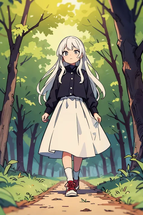 young woman, walks in the woods, long white hair reaching to the ground