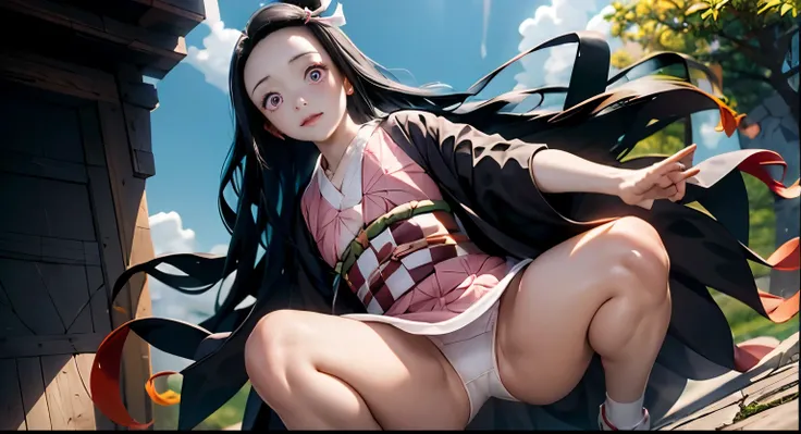 (*K) HD, highest quality, WorKs of masters, High resolution, spread legs、show white panties,1 girl, nezuKo Kamada, ((nezuKo of demon slayer)) super beautiful face, Super beautiful eyes, Super beautiful hair，trendy outfit，magazine cover，sexy and attractive，...