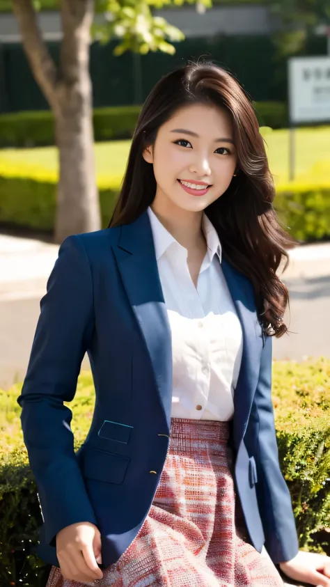 Full-body high-resolution image,Representative works, Highest image quality, 1girl, (While watching)), chestnut hair, Maroon eyes, long hair, Red Blazer, white shirt, red skirt, 163cm, facial details, 18-year-old, solo, long legs, smile, beautiful girl, Hi...