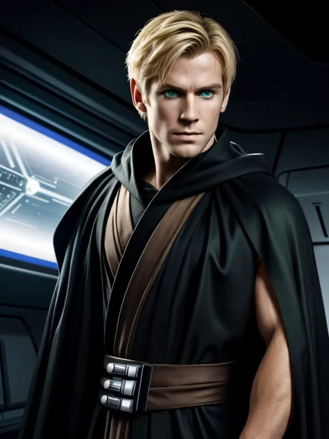 Blond hair, short hair, hair split in the middle, dark robes from Star Wars that has a collar, mad face, red scar on his left cheek, handsome, inside a Star Wars spaceship, wears a black cape behind, green eyes