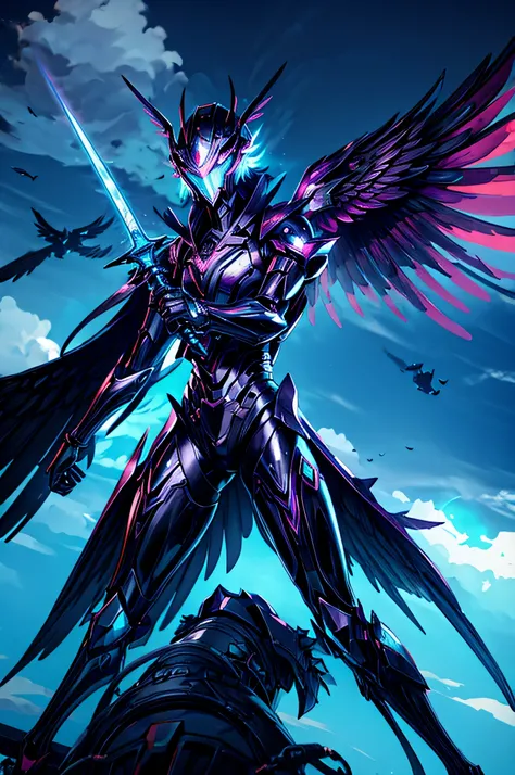 man, glowing, colurful wings, halo, mechanical wings, fantasy, glowing, holding sword, sword, fantasy background, clouds, monsters, fight, dynamic, futuristic helmet, digital helmet.