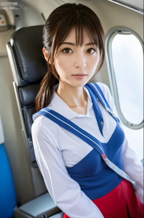 Top Quality, Masterpiece, 8K, Ultra High Definition, (Photorealistic: 1.4), 1 Girl, Skinny Japanese lady, Beautiful Face, Symmetrical Eyes, small breasts, thin waist, Perfect Body Proportions, Stewardess Uniform, Viewers Look, (Inside the Airplane: 1.2), F...