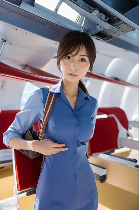 Top Quality, Masterpiece, 8K, Ultra High Definition, (Photorealistic: 1.4), 1 Girl, Skinny Japanese lady, Beautiful Face, Symmetrical Eyes, small breasts, thin waist, Perfect Body Proportions, Stewardess Uniform, Viewers Look, (Inside the Airplane: 1.2), F...