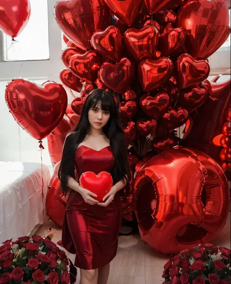 Masterpiece photo. Best quality. Girl with long black hair and bangs in a red evening dress. A girl holds a heart-shaped balloon in her hands. On the background there are many many red heart-shaped balloons and red roses. daylight. red neon.